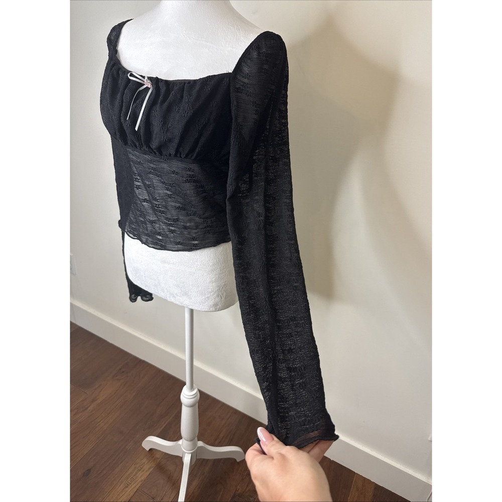 Milkmaid Whimsigoth Fairy Grunge Mesh Blouse Top Black Sheer Bimbocore Bow L
